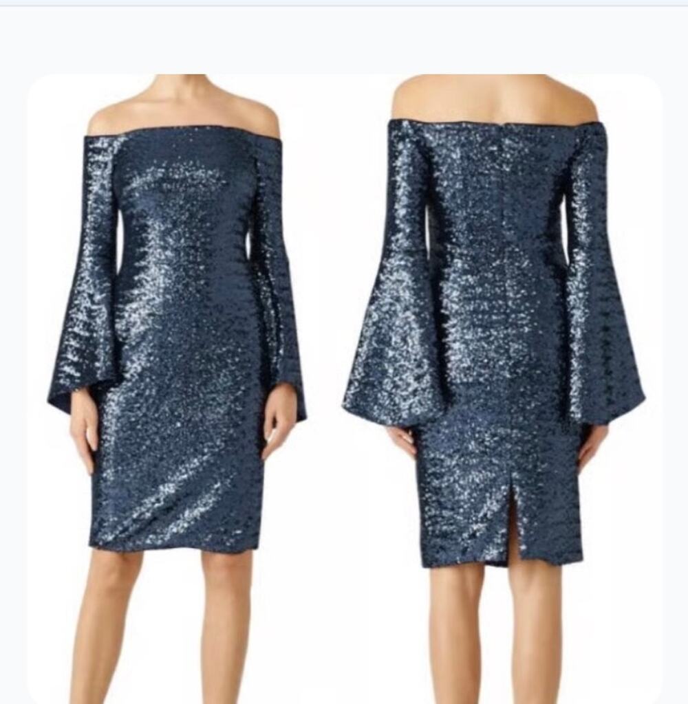Theia Midnight Blue Sequin off shoulder Sheath Bell Sleeve Cocktail midi Dress 6
